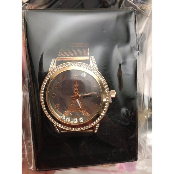 2 Women Gold Rose Gold Watch Tower Eiffel  Rhinestone Dial Quartz Analog - Picture 3 of 3